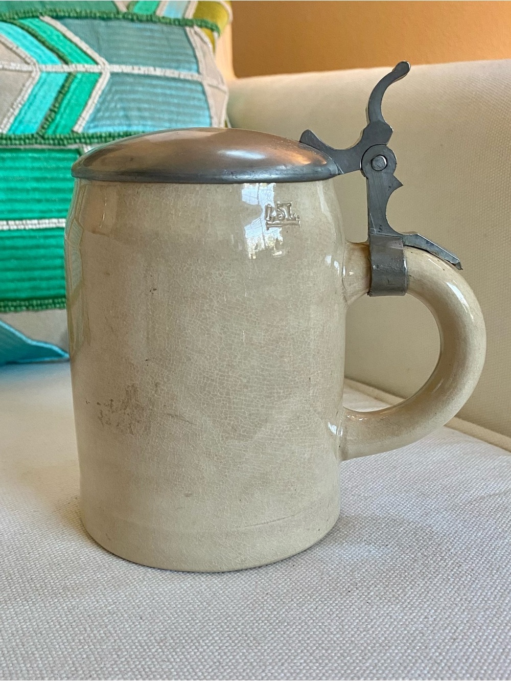 Antique Simon Peter Gerz Stoneware Beer Stein w Pewter Lid Stamp On Bottom 0.5L.